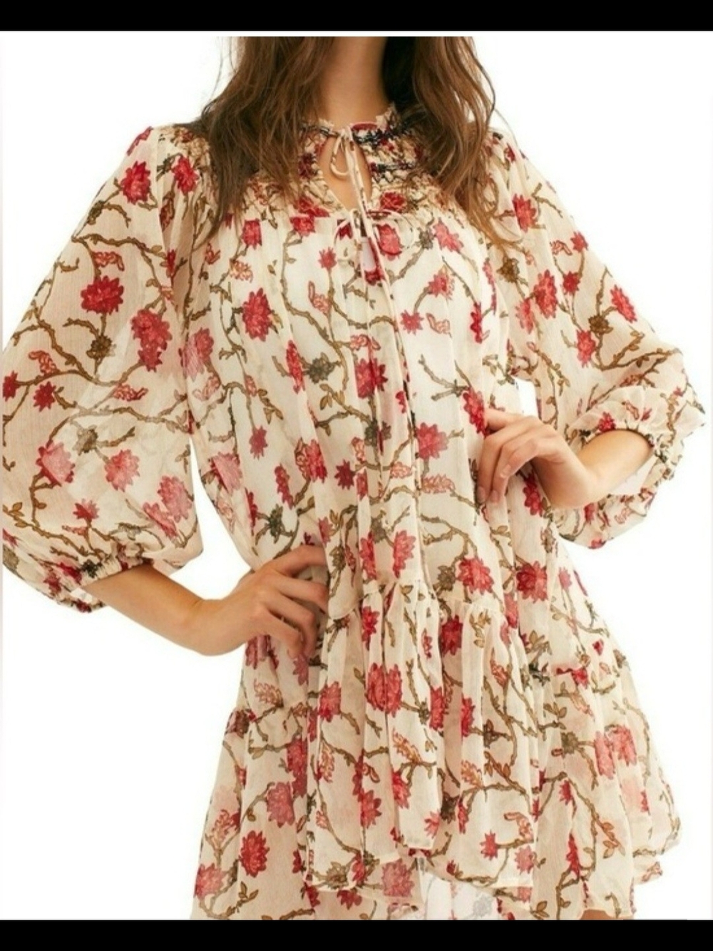 Free People Floral Tie-Neck Boho Tunic Top in Ivory and Rose